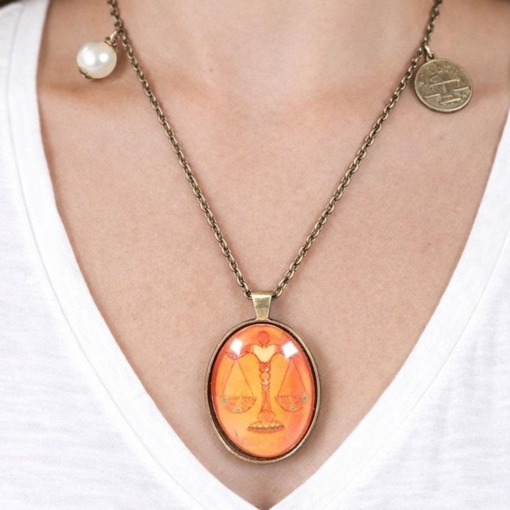 Vintage Libra Zodiac Necklace Orange Scales Pendant Charmine Gold Tone
